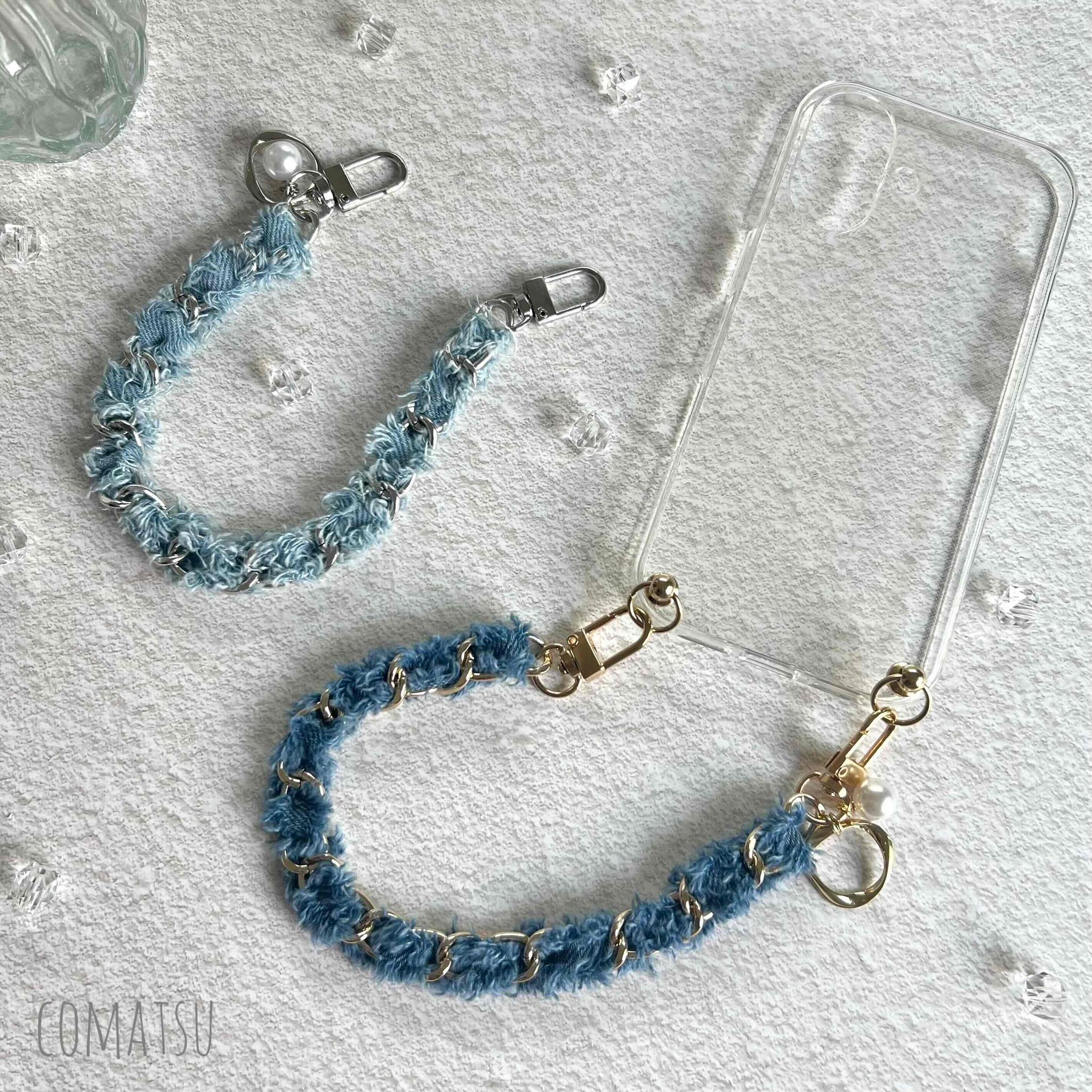 Denimチェーン ハンドストラップ付きスマホケース 落下防止スマホストラップ スマホカバー